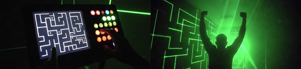 Коллаж: дисплей лазерного лабиринта слева и человек, который прошел лабиринт справа