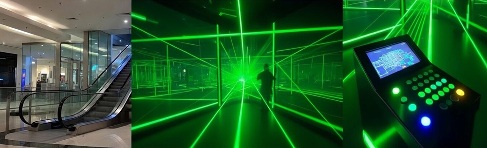 Коллаж - лазерный лабиринт в торговом центре